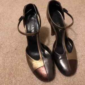 CHANEL VINTAGE Metallic Patchwork T-Strap Heels in Gold, Bronze, Brown